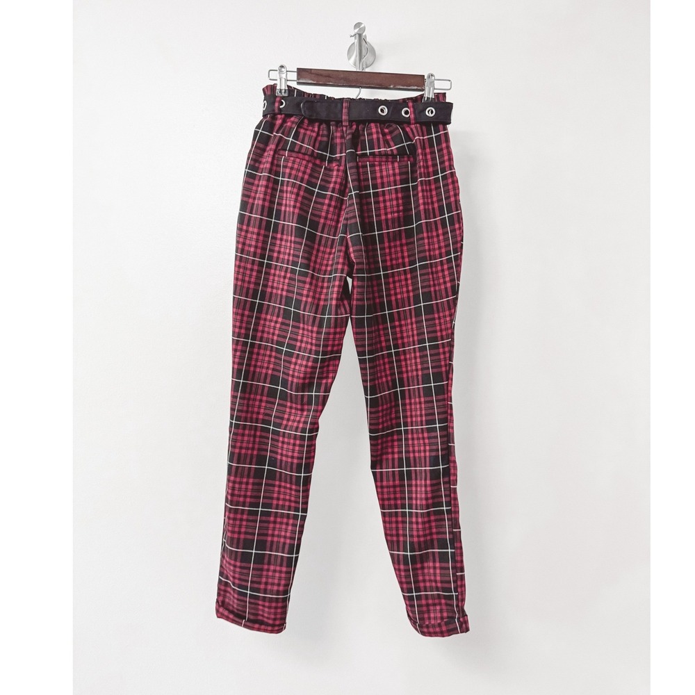 Hot Topic Red Black Plaid Tapered Trousers with Grommet Belt High Waist Pants